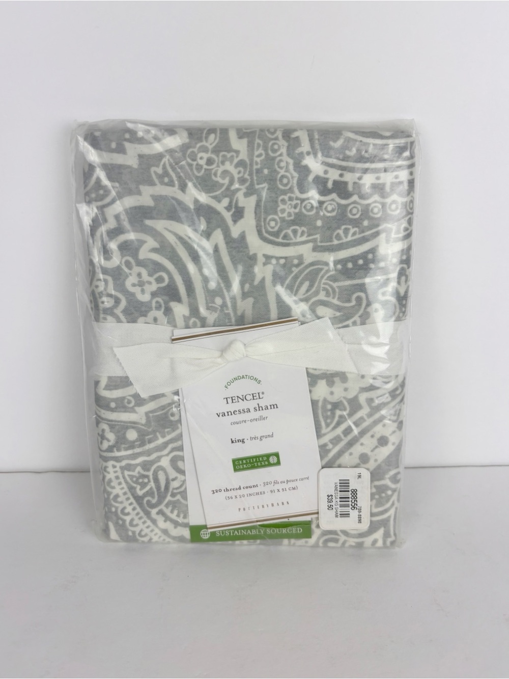 Pottery Barn Vanessa Tencel Sham King Gray White Paisley